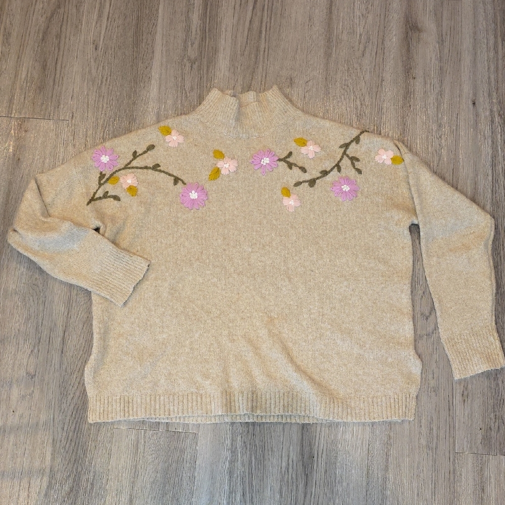 Staccato Beige Sweater with Pink Floral Embroidery